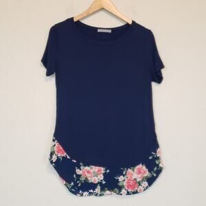 Loveappella Navy and Floral Print Curved Hem Tunic Top Women's Small Casual